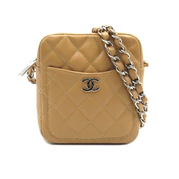 Chanel Mini Matelasse Chain Shoulder Caviar Skin Beige Silver Shoulder Bag - Picture 1 of 8